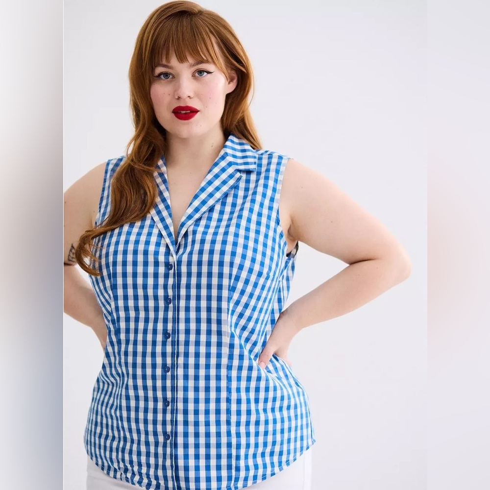 Torrid Retro Chic Blue Gingham Sleeveless Pinup Button Up